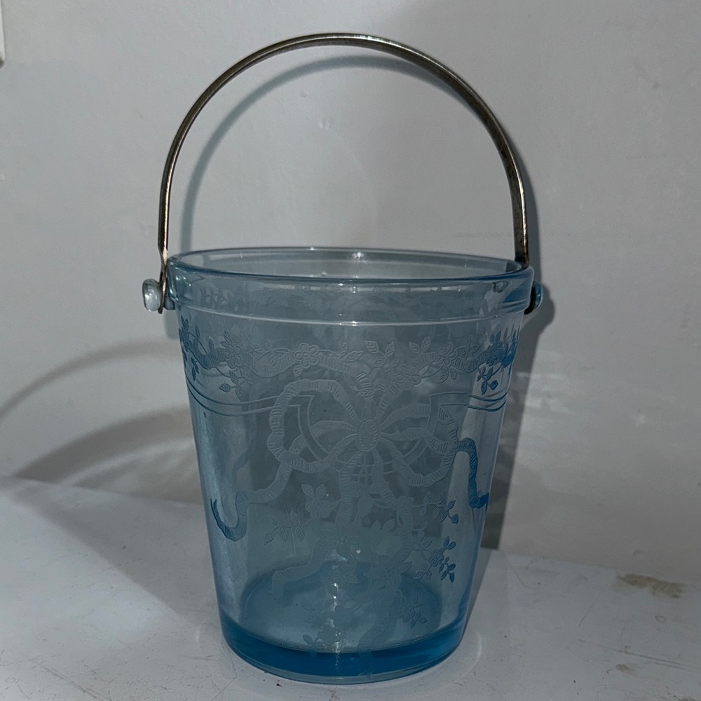 Antique Fostoria Azure Blue Glass Ice Bucket: Versailles Barware 
with Handle